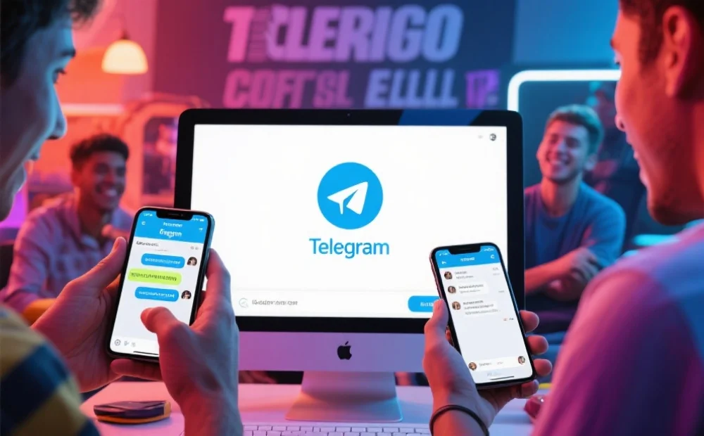 一个充满活力的线上体育社区，用户正在手机和电脑上积极互动，屏幕上有Telegram标志和聊天界面