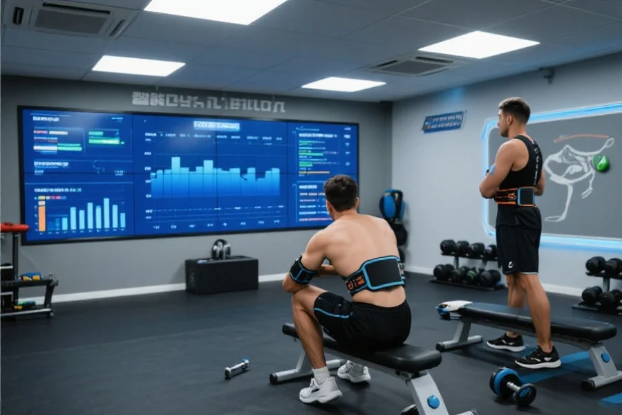 运动员在智能训练房间内，通过大屏幕和可穿戴设备进行数据分析训练